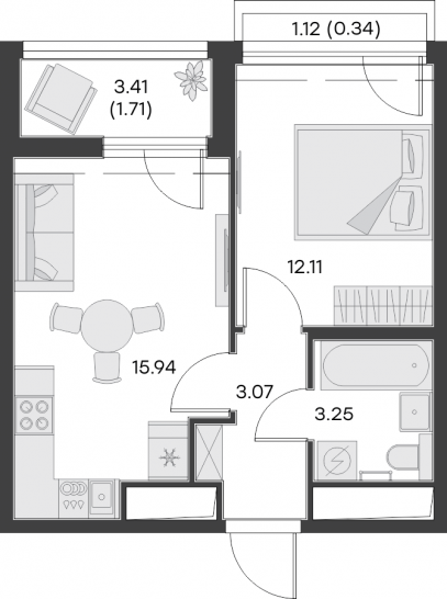 Однокомнатная квартира 36.42 м²