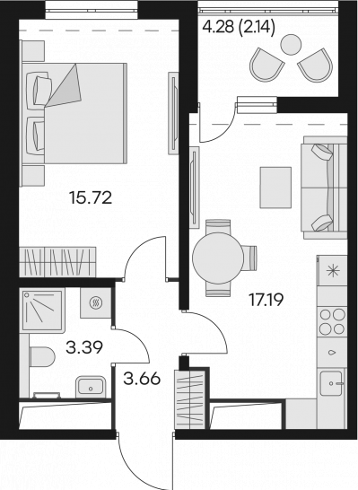 Однокомнатная квартира 42.1 м²