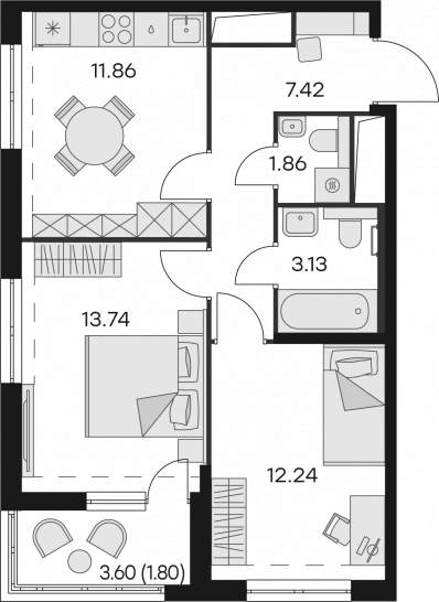 Двухкомнатная квартира 52.05 м²