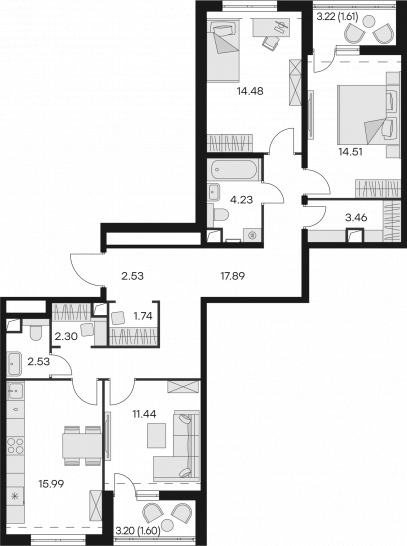 Трёхкомнатная квартира 94.31 м²
