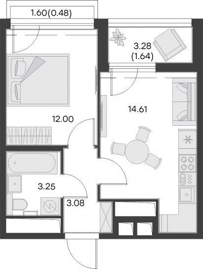 Однокомнатная квартира 35.06 м²