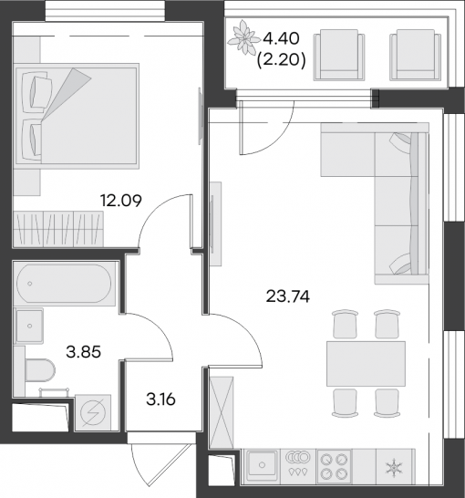 Однокомнатная квартира 45.04 м²