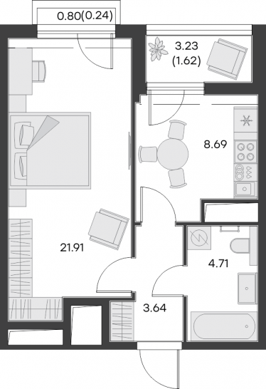 Однокомнатная квартира 40.8 м²