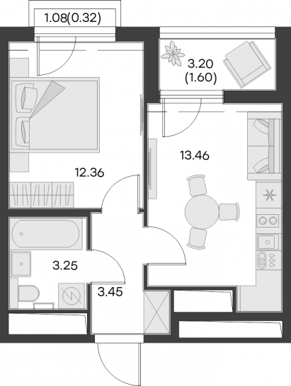 Однокомнатная квартира 34.44 м²