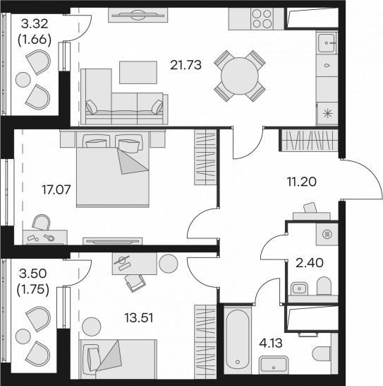 Двухкомнатная квартира 73.45 м²