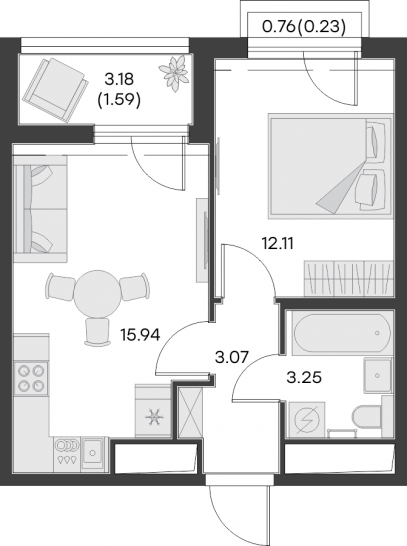 Однокомнатная квартира 36.19 м²