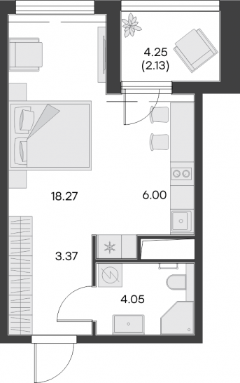 Студия 33.81 м²