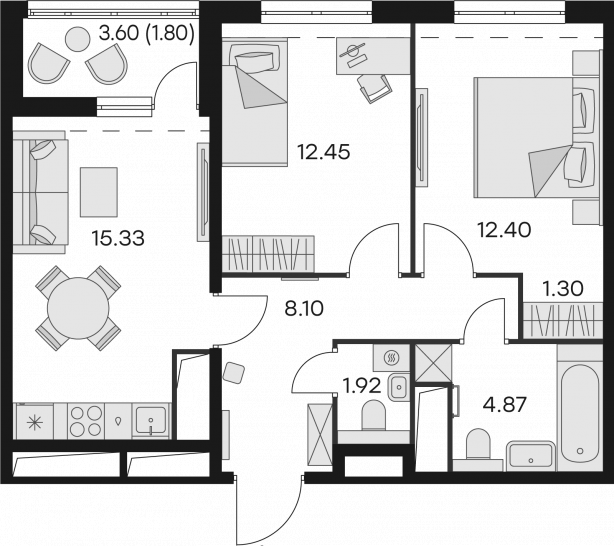 Двухкомнатная квартира 58.17 м²