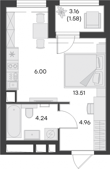 Студия 30.29 м²