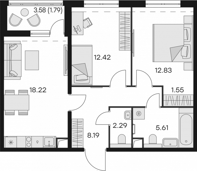 Двухкомнатная квартира 62.9 м²