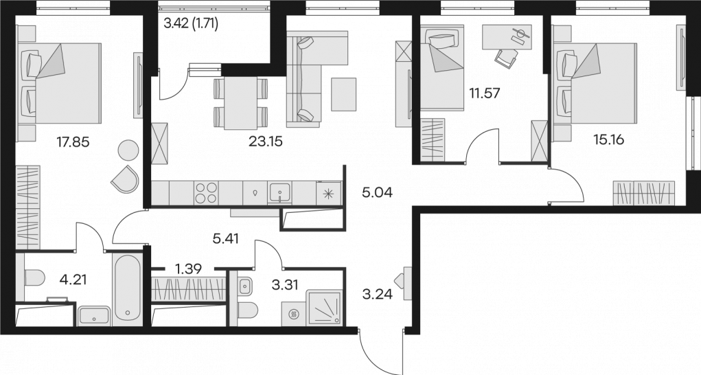 Трёхкомнатная квартира 92.04 м²