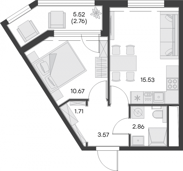 Однокомнатная квартира 37.1 м²