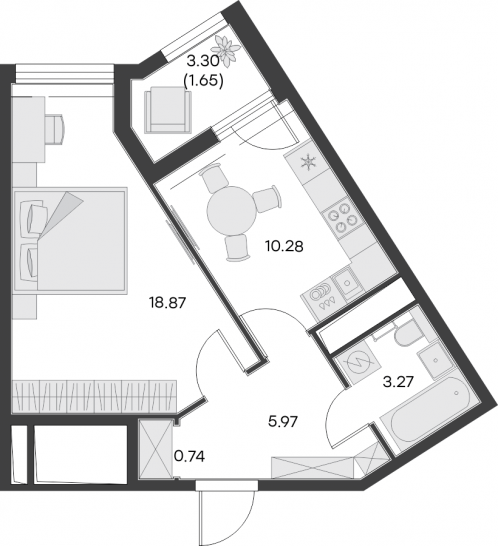 Однокомнатная квартира 40.78 м²