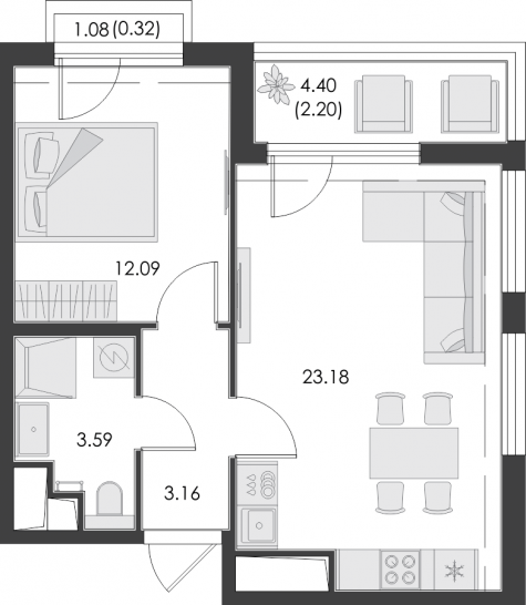Однокомнатная квартира 44.54 м²