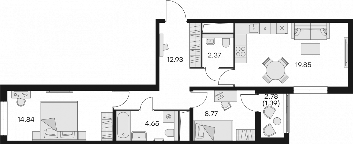 Двухкомнатная квартира 64.8 м²