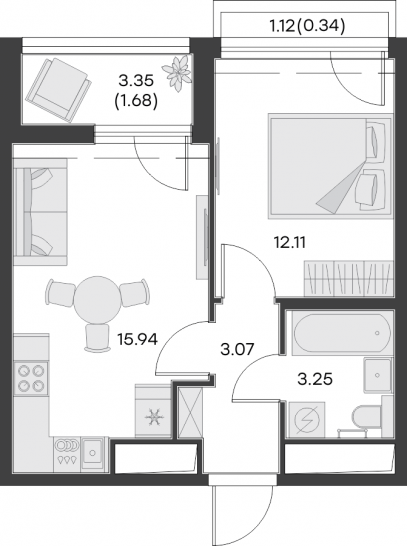 Однокомнатная квартира 36.39 м²