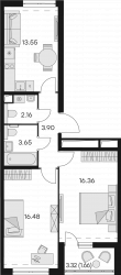 Двухкомнатная квартира 57.76 м²